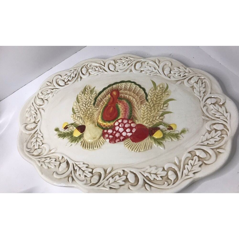 VINTAGE LARGE HAND PAINTED EMBOSSED TURKEY PLATTER - 18X 13 INT